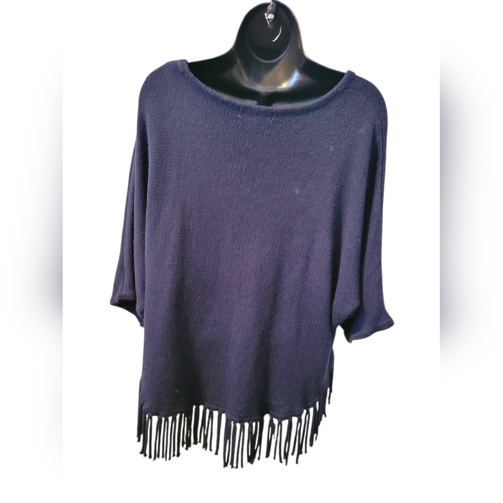 NY Collection Navy Blue and Cream Aztec Fringe Poncho Sweater - Picture 3 of 5